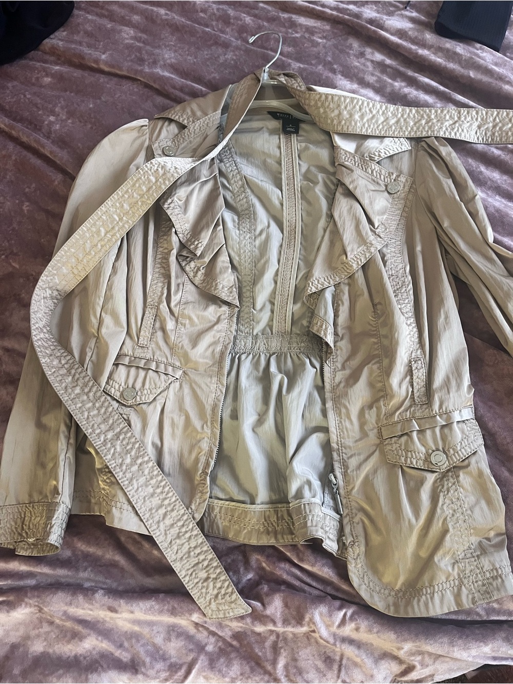 White House Black Market Light Beige Ruffle-Detail Trench Jacket